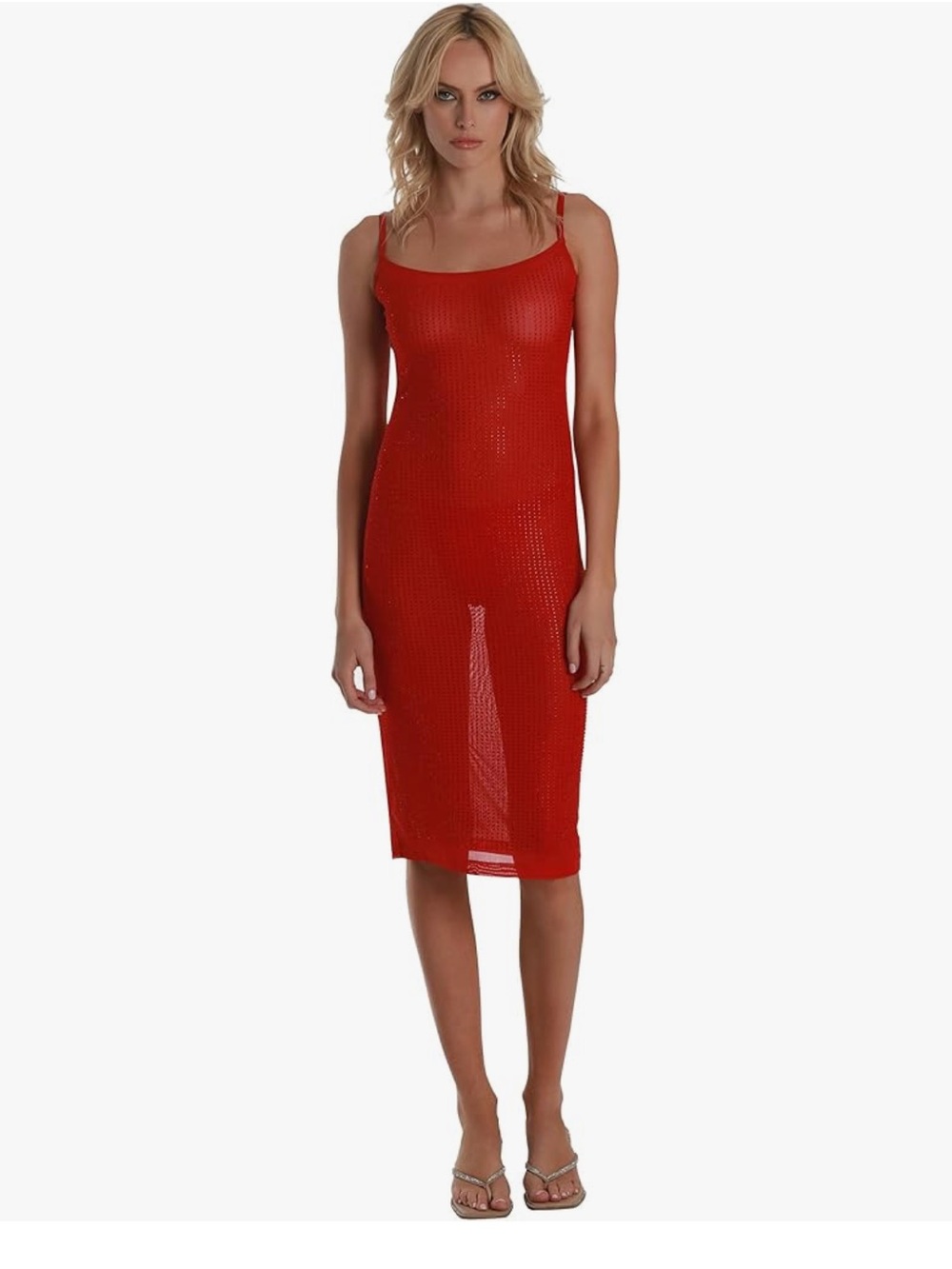 Red Sheer Knit Slip Midi Dress with Adjustable Straps